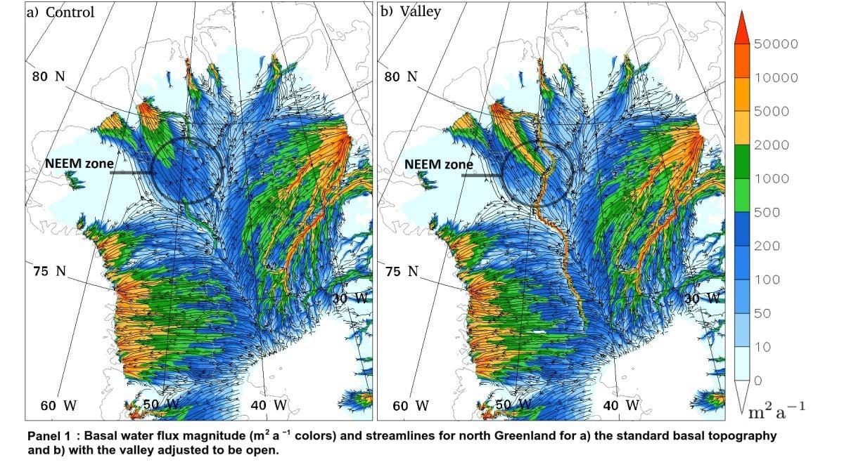 El valle sugerido y el posible río que fluye desde el interior profundo de Groenlandia hasta el fiordo Petermann, muy por debajo de la capa de hielo de Groenlandia (500 metros por debajo del nivel del mar). Christopher Chambers et al, The Cryosphere, 12 de noviembre de 2020.