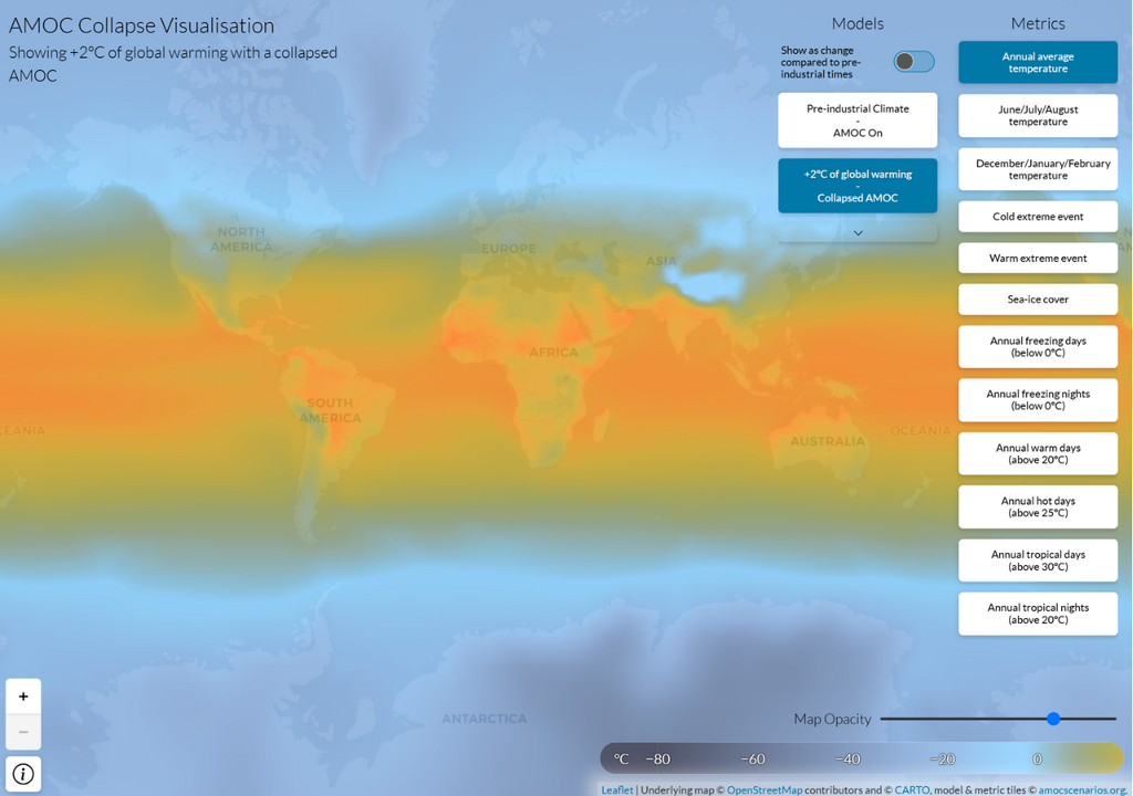 Visualizador interactivo de escenarios de la AMOC: proyecciones de temperatura a 2 m bajo RCP4.5 con la circulación activada/desactivada. Visualizador interactivo de escenarios de la AMOC: proyecciones de temperatura a 2 m bajo RCP4.5 con la circulación activada/desactivada.