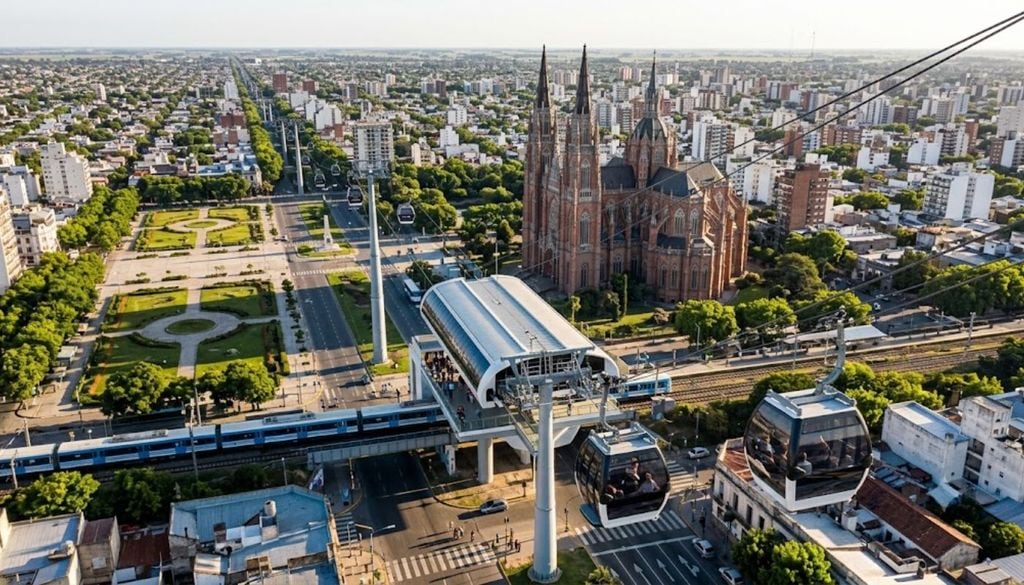 Teleférico en La Plata Trenes, subtes y hasta un teleférico: el ambicioso plan de ingenieros y arquitectos para redefinir el tránsito urbano. | Foto: imagen ilustrativa generada con IA.