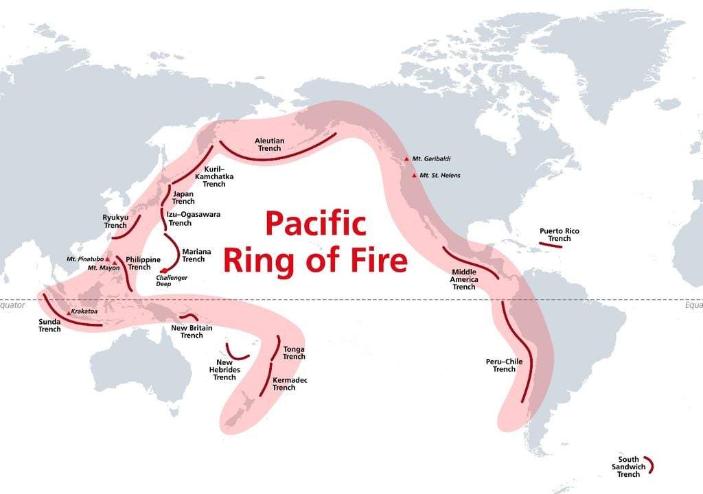 mapa El Anillo de Fuego del Pacífico concentra cerca del 90 % de la actividad sísmica mundial y es una de las regiones con mayor riesgo de terremotos y tsunamis del planeta.