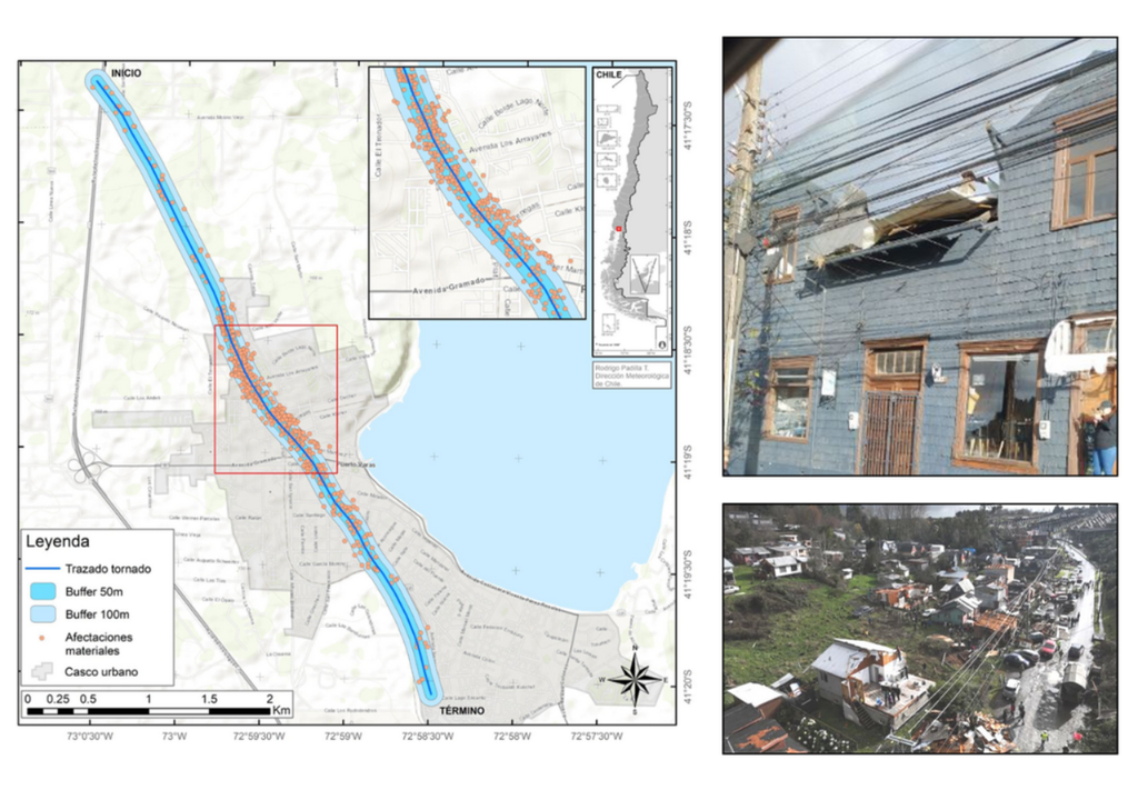 Trayectoria y daños asociados al tornado que afectó a Puerto Varas el 25 de mayo de 2025. Fuente: Análisis Técnico Tornado Puerto Varas, DMC. Trayectoria y daños asociados al tornado que afectó a Puerto Varas el 25 de mayo de 2025. Fuente: Análisis Técnico Tornado Puerto Varas, DMC.