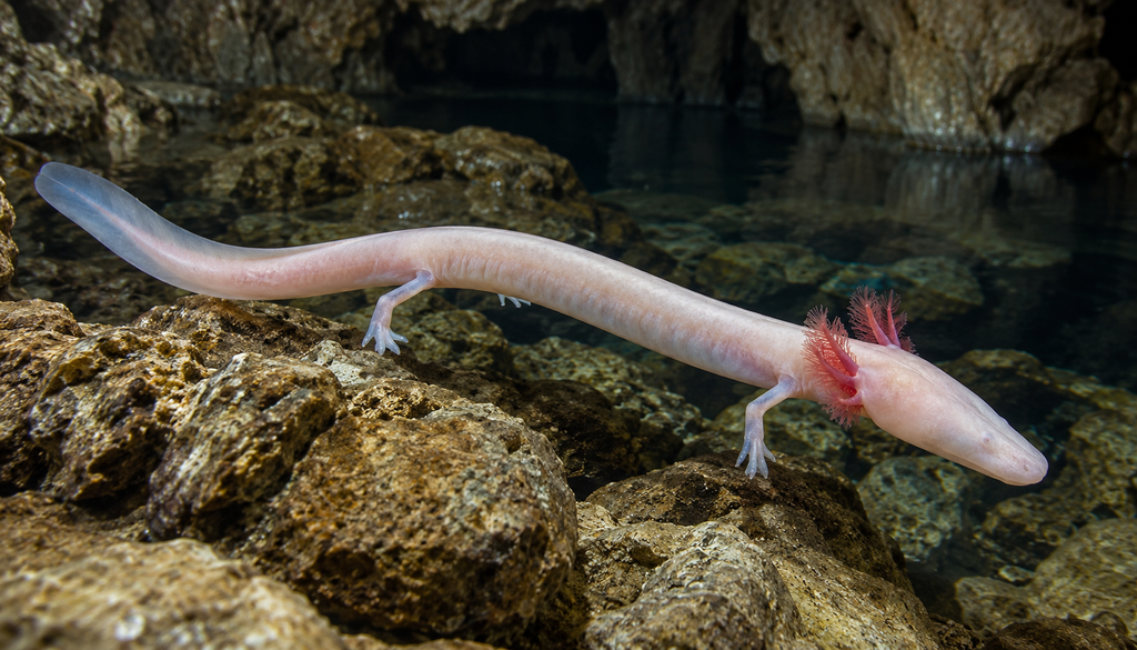 Ejemplar de proteo (Proteus anguinus), el anfibio cavernícola de piel pálida y branquias externas rojizas que habita en aguas subterráneas de los Balcanes.