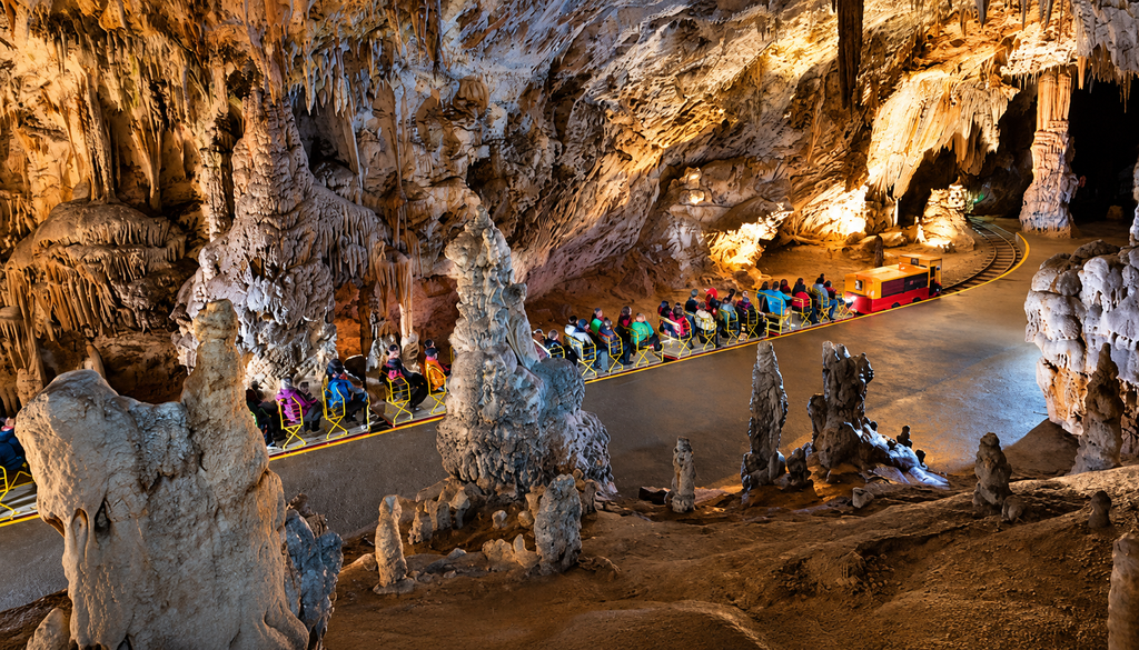 Parte de la cueva puede visitarse a bordo de un tren eléctrico subterráneo. Parque de la Cueva de Postjona.