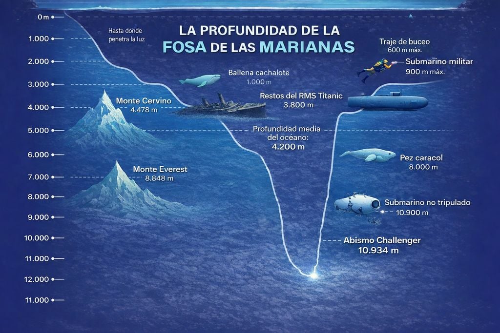 Infografía comparativa sobre la profundidad de la Fosa de las Marianas