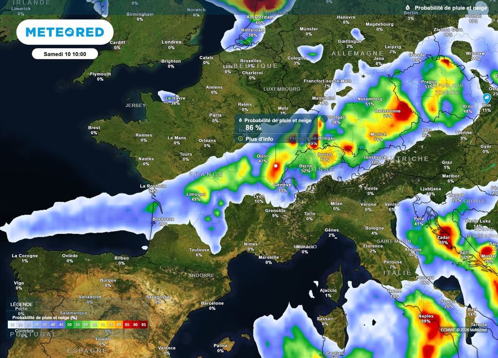 Perturbation pluie samedi matin Voici sur cette carte la trace de la perturbation prévue pour samedi matin, avec des pluies actives surtout près des reliefs du Nord-Est et vers le Centre.