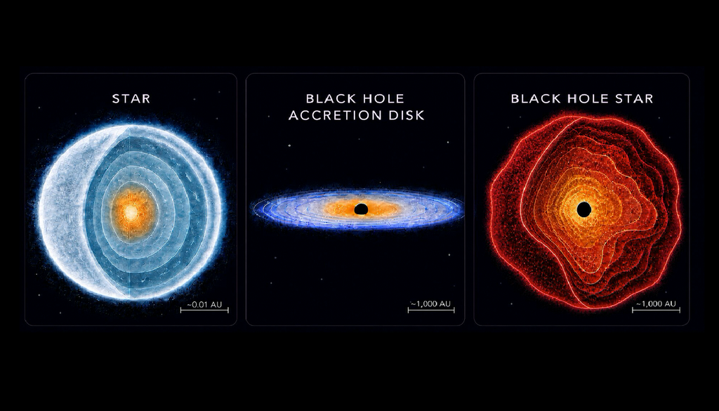 black hole star Confronto tra una black hole star, un buco nero ed una stella. Credit: Rohan Naidu (University of Hawai'i)