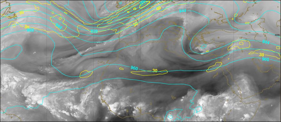 Ídem pero WV con geopotencial, en celeste, e isotacas, en amarillo, en 300 hPa