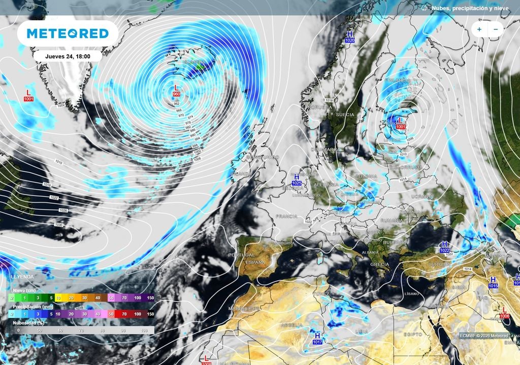 El centro de la baja alcanzará valores de presión cercanos a los 960 hPa.