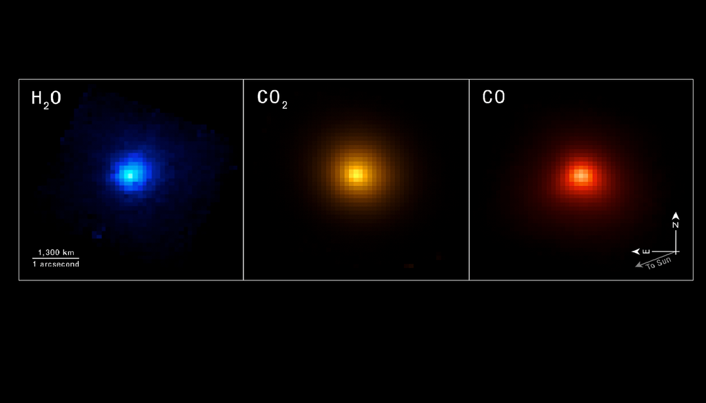 3I/ATLAS I ricercatori hanno utilizzato lo strumento NIRSpec (spettrografo nel vicino infrarosso) del telescopio spaziale James Webb della NASA per mappare la composizione chimica specifica della cometa 3I/ATLAS mentre si allontanava dal Sole. I tre pannelli sono immagini della cometa 3I/ATLAS centrate alle lunghezze d'onda dell'acqua, Co2 e ossido di carbonio. Credits: NASA, ESA, CSA, STScI, Martin Cordiner (CUA, NASA-GSFC); Alyssa Pagan (STScI)