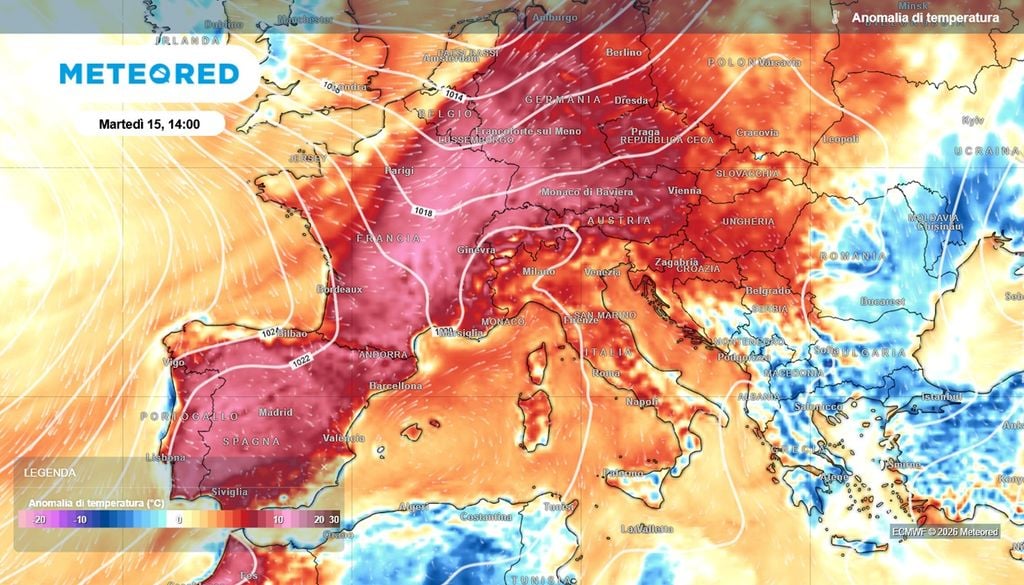 Ancora martedì 15 settembre, mentre in Europa (tra Spagna e Francia) avremo forti anomalie positive di temperatura, in Italia il caldo non sarà ancora così intenso.