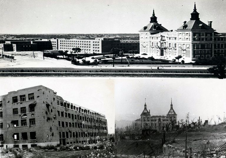Imágenes de algunos de los edificios destruidos en el frente de batalla. Escuela de Arquitectura y Casa de Velázquez, antes y después de la batalla en la Ciudad Universitaria, Madrid, 1936. Imágenes de algunos de los edificios destruidos en el frente de batalla. Escuela de Arquitectura y Casa de Velázquez, antes y después de la batalla en la Ciudad Universitaria, Madrid, 1936.