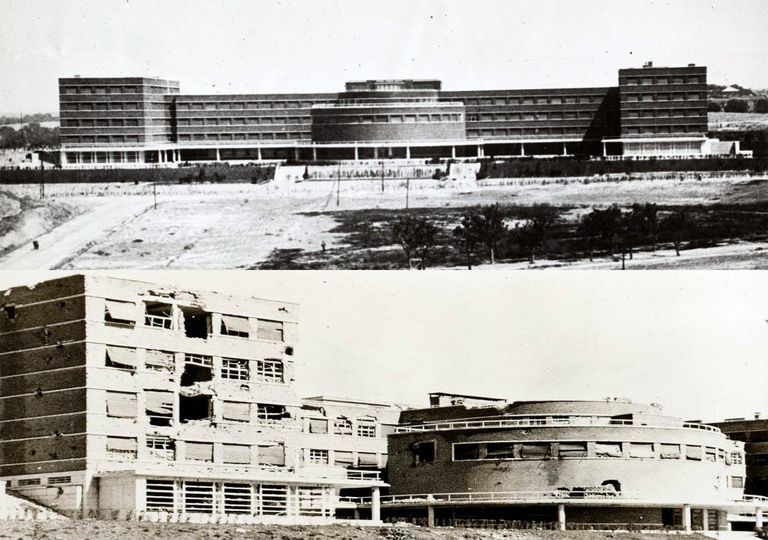 Imágenes de algunos de los edificios destruidos en el frente de batalla. Facultad de Filosofía y Letras, antes y después de la batalla de la Ciudad Universitaria, Madrid, 1936. Imágenes de algunos de los edificios destruidos en el frente de batalla. Facultad de Filosofía y Letras, antes y después de la batalla de la Ciudad Universitaria, Madrid, 1936.