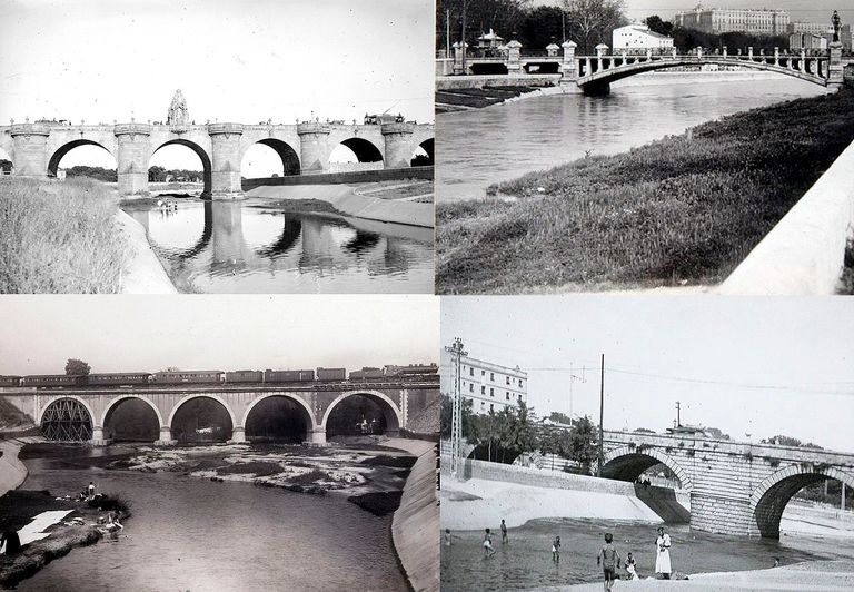 Canalización del río Manzanares en noviembre de 1936. Imágenes de arriba abajo y de izquierda a derecha de los puentes de Toledo, 1930; de la Reina, 1934; de los Franceses, 1930 y de Segovia, 1934. Canalización del río Manzanares en noviembre de 1936. Imágenes de arriba abajo y de izquierda a derecha de los puentes de Toledo, 1930; de la Reina, 1934; de los Franceses, 1930 y de Segovia, 1934.