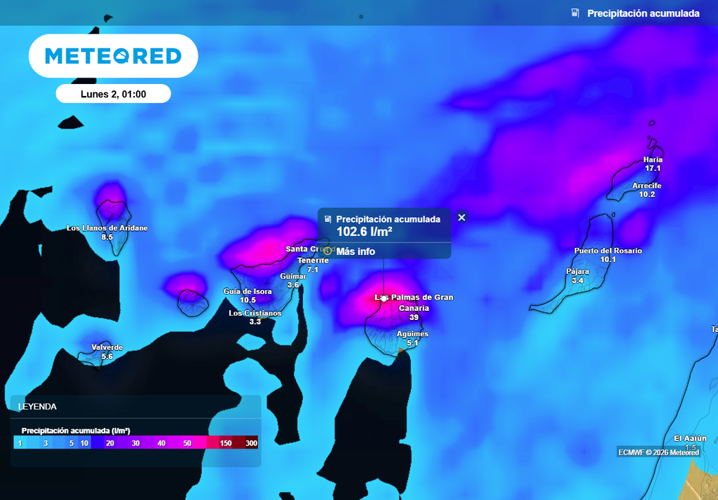 Hasta la noche del domingo podrían acumularse más de 100 l/m2 en algunas zonas de las islas.