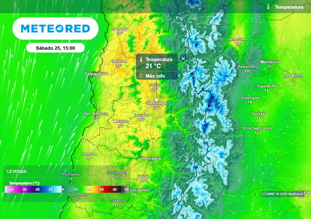 Este sábado en horas de la tarde el centro de Santiago tendrá temperaturas cercanas a los 21 °C, según indica el modelo europeo.