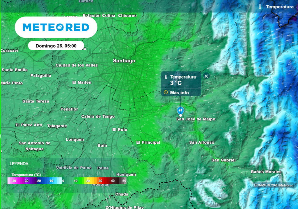 Cerca de 3 °C podría marcar San José de Maipo este fin de semana, Santiago centro por su parte alrededor de los 5 °C.