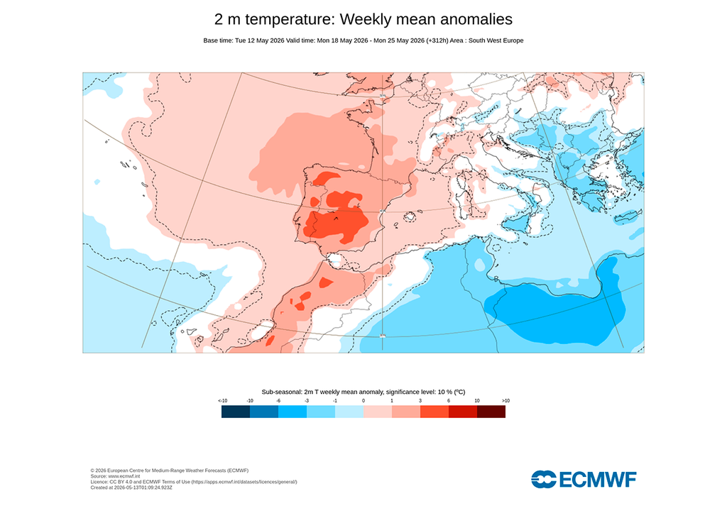 El modelo europeo anticipa anomalías positivas muy significativas en el interior peninsular de cara a la próxima semana, con valores que pueden estar entre 3 y 6 ºC por encima de la media de las fechas.