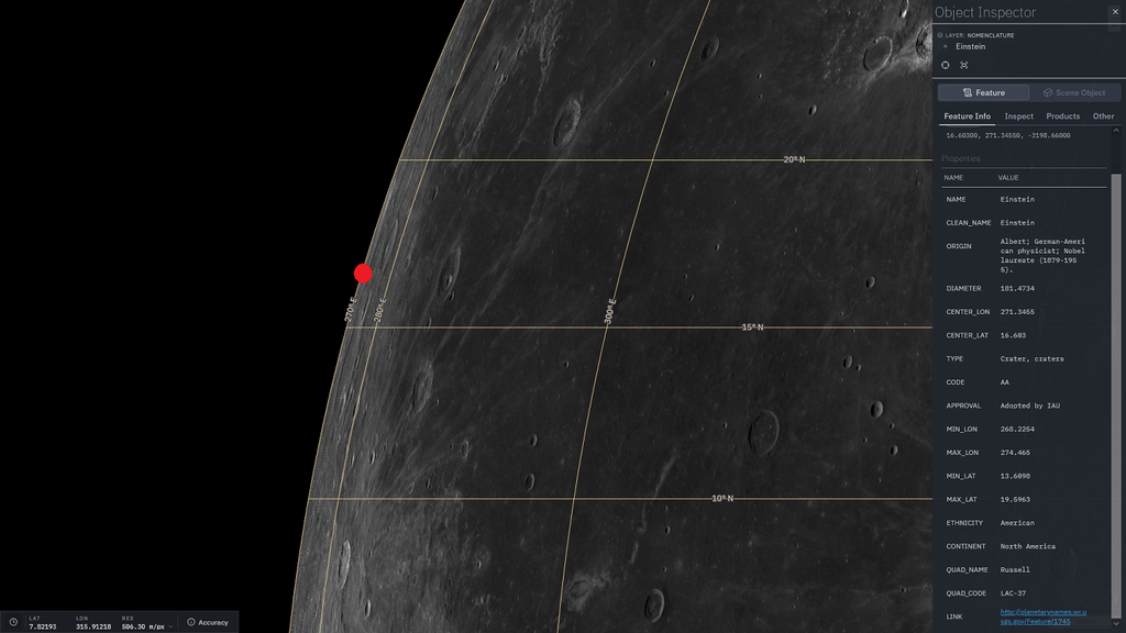 Ubicación en coordenadas lunares para poder dirigir las observaciones de telescopios.