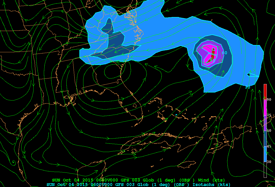 Mapa de 850 hPa: líneas de corriente e intensidad del viento, coloreado según escala adjunta en nudos.