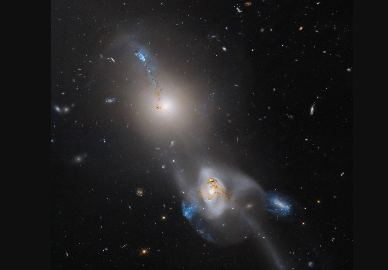 Nella foto scattata dal telescopio spaziale Hubble si osserva la collisione tra due galassie che ha assunto la curiosa sagoma di una chitarra (sottosopra). Credit: NASA, ESA and M. West (Lowell Observatory); Processing: Gladys Kober (NASA/Catholic University of America)