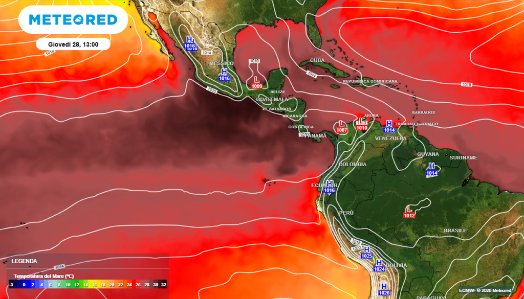 El Niño. L’emergere di El Niño contribuirà anche a nuovi record di temperatura globale, poiché il fenomeno rilascia nell’atmosfera enormi quantità di calore immagazzinato nell’oceano.