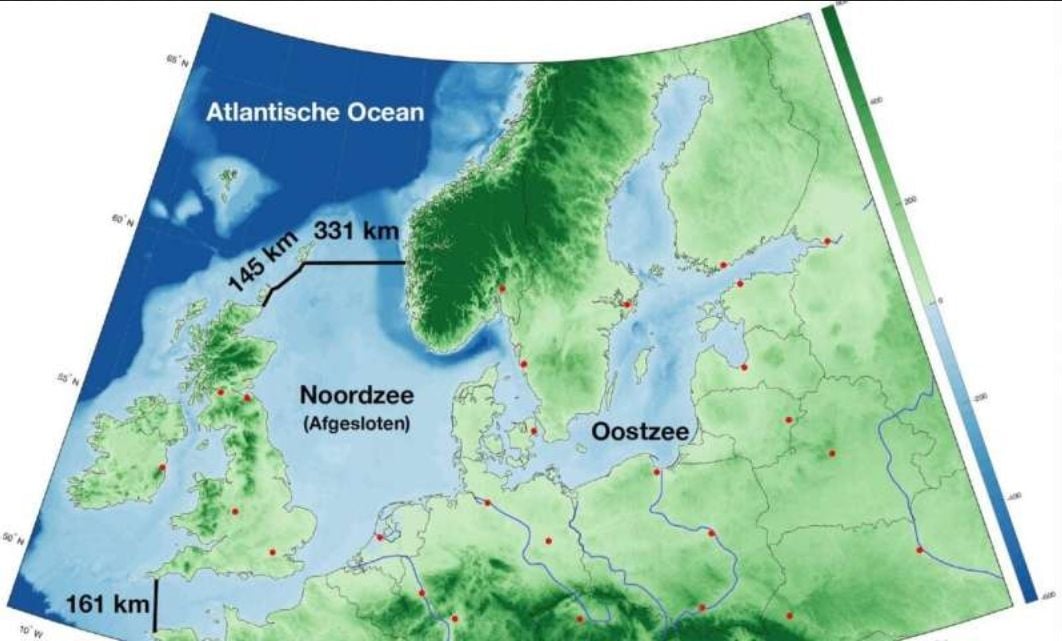 Una gran presa se podría construir en el norte de Europa con más de 600 km más larga en su parte septentrional, si el cambio climático continúa. Crédito: NIOZ, Sjoerd Groeskamp