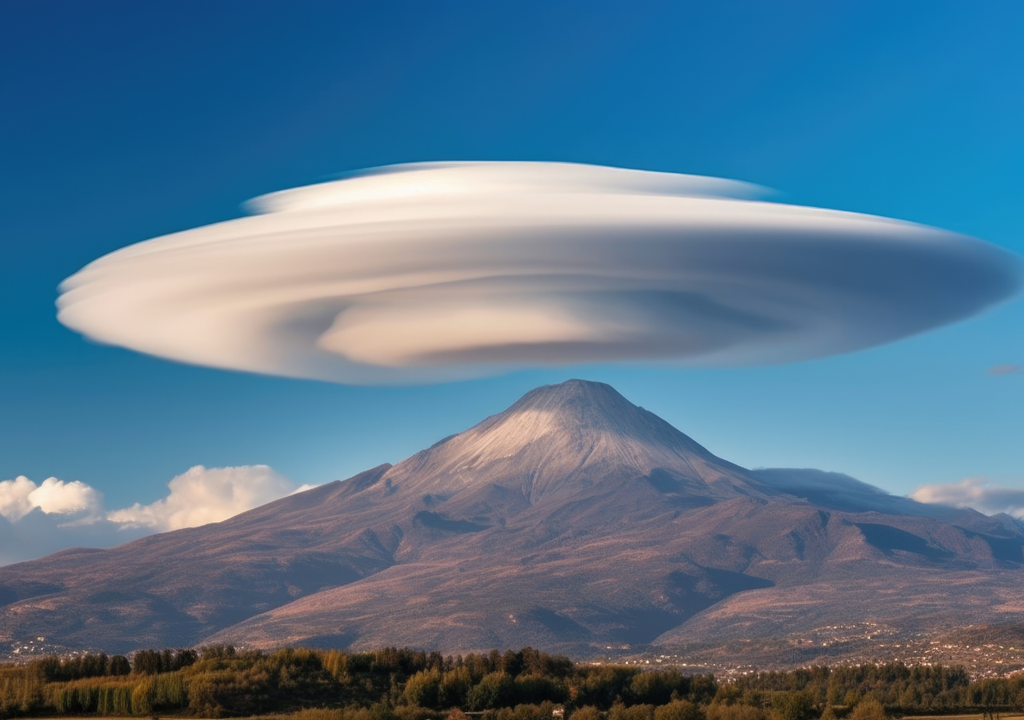 Nube altocumulus lenticular en la punta de un volcán. Nube altocumulus lenticular en la punta de un volcán.