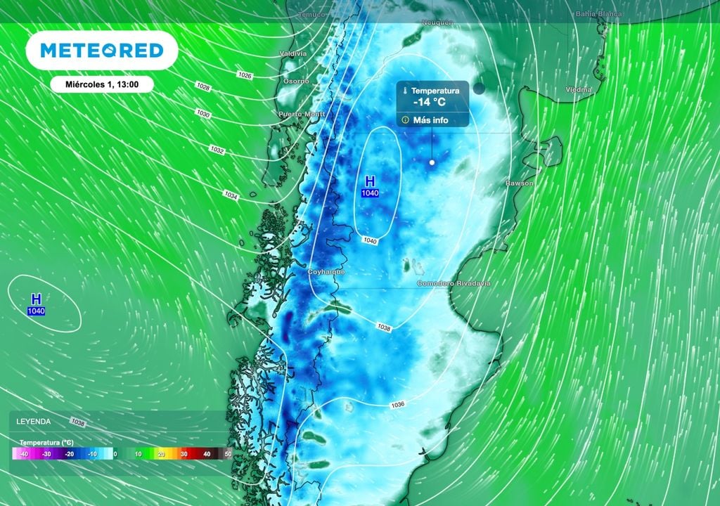 El ingreso de aire antártico producirá un marcado descenso de temperatura sobre la Patagonia. Para la mañana del miércoles 1 de julio alguno sectores de la estepa podrán tener mínimas en el entorno de los 14 grados bajo cero, o incluso inferiores en algunos sectores.