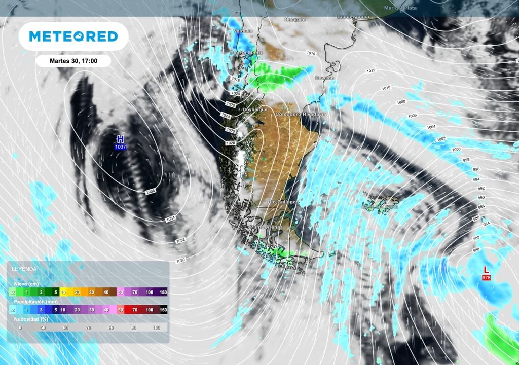 La irrupción de aire frío será muy notoria en la circulación con un frente que avanzará francamente de sur a norte. Es probable que se registre viento intenso en la costa patagónica.