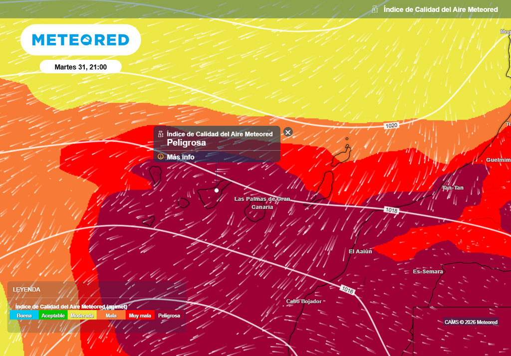 El AQI de Meteored prevé una calidad del aire muy mala o peligrosa en Canarias.