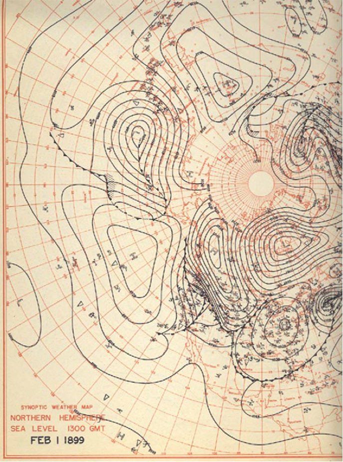 Figura 1. Mapa de superficie del 1 de febrero de 1899. Imagen: Bulletin of the American Meteorological Society.