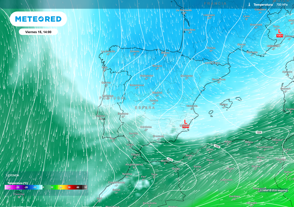 La advección polar se sentirá a partir de mañana jueves pero será el viernes cuando se extienda. Situación prevista a unos 3000 m.