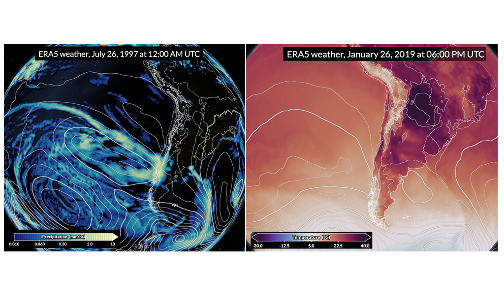 Ejemplos de uso de Weather Replay: Izquierda, un sistema frontal afectando al sur de Chile durante el invierno del gran El Niño de 1997. Derecha, uno de los días más cálidos en la historia de Santiago en enero de 2019. Fuente: Weather Replay, Copernicus.