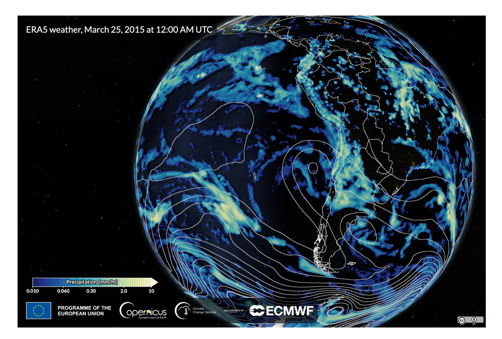Weather Replay es una nueva aplicación web de Copernicus y el ECMWF que permite explorar y visualizar eventos meteorológicos y climáticos históricos. En la imagen, el evento de baja segregada de marzo de 2015 que afectó con lluvias extremas al norte del país. Fuente: Weather Replay, Copernicus, ECMWF.