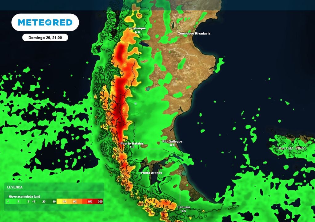 Acumulación de nieve en el sur patagónico hasta la noche del domingo 26. En algunos sectores del sudoeste de la provincia de Santa Cruz, se esperan más de 50 cm en total.
