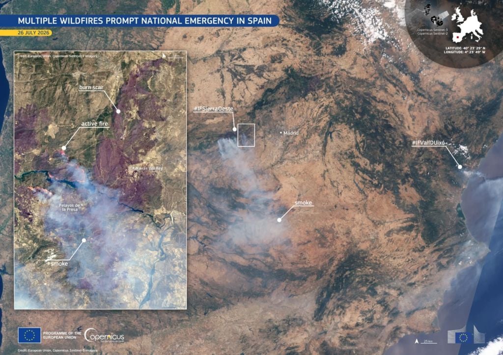 Multiples incendios afectan a España, especialmente la zona de la Comunidad de Madrid, y Castilla y Leon. Allí el incendio de Avila es el mayor incendios en la historia española. Imagen: Copernicus