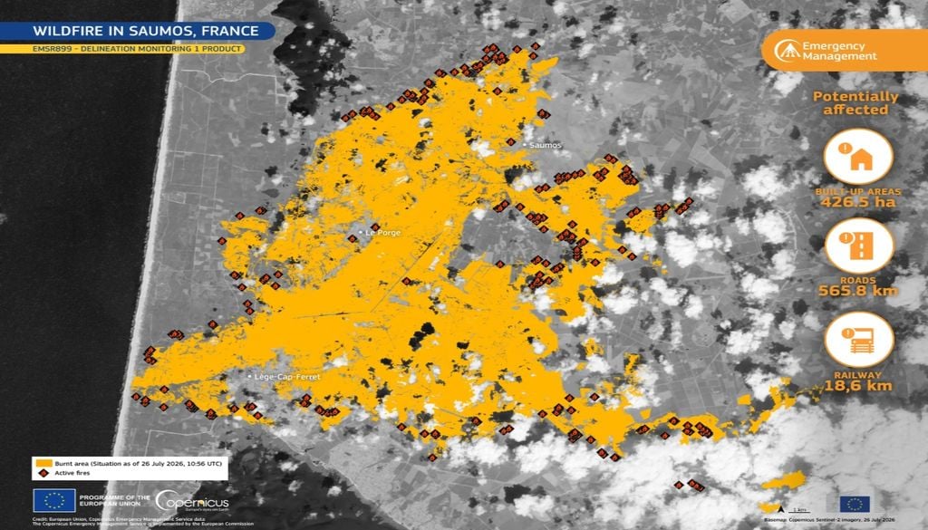 El incendio de Gironda está lejos de ser controlado, y la magnitud que ha alcanzado sorprende a los especialistas. Imagen: Copernicus.