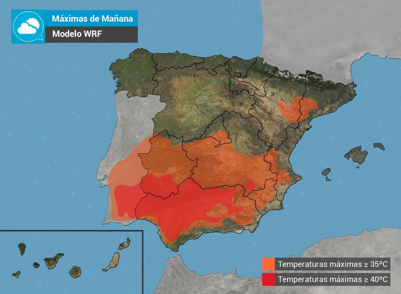 Temperaturas máximas más altas previstas por el modelo WRF para mañana. Grafismo de Tiempo.com.