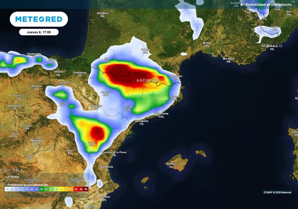 El jueves descargarán tormentas fuertes en los Pirineos y el Sistema Ibérico. En el Pirineo Aragonés podrán ser muy fuertes, dejar granizo de gran tamaño y otros fenómenos adversos.