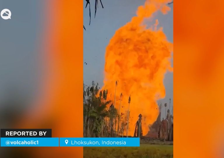 Una perforaci&oacute;n liber&oacute; llamas de 100 metros en Indonesia y desat&oacute; escenas impactantes en plena madrugada