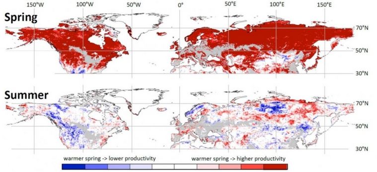 Foto 1: Las observaciones satelitales muestran que las primaveras más cálidas dan como resultado una mayor productividad de la vegetación en la primavera pero (en muchas regiones) una menor productividad en verano y otoño