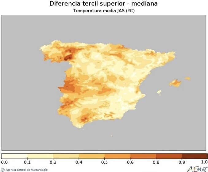 Diferencia en ºC entre el tercil superior de la observación y la media para el periodo julio-agosto-septiembre para la variable temperatura media (periodo de referencia 1981-2010) Diferencia en ºC entre el tercil superior de la observación y la media para el periodo julio-agosto-septiembre para la variable temperatura media (periodo de referencia 1981-2010)