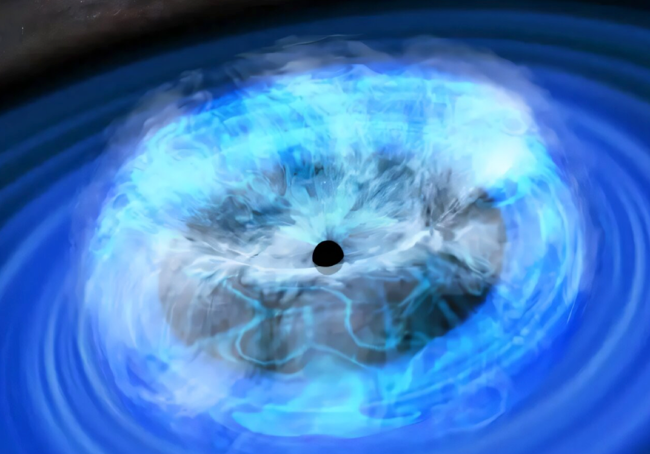 Rappresentazione artistica dell'emissione millimetrica emessa da una corona che circonda il buco nero doppiamente ingrandito da due lenti gravitazionali. Credit: RIKEN