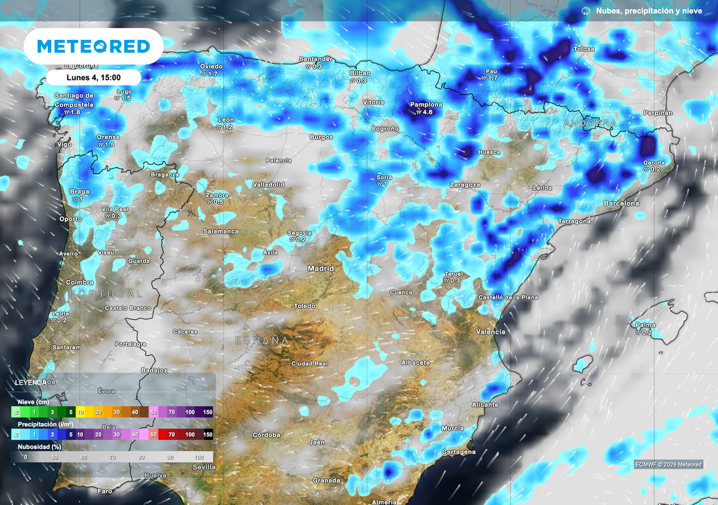El lunes arrancará con aguaceros y tormentas fuertes en el interior del norte y nordeste peninsular. Fuente: modelo europeo.