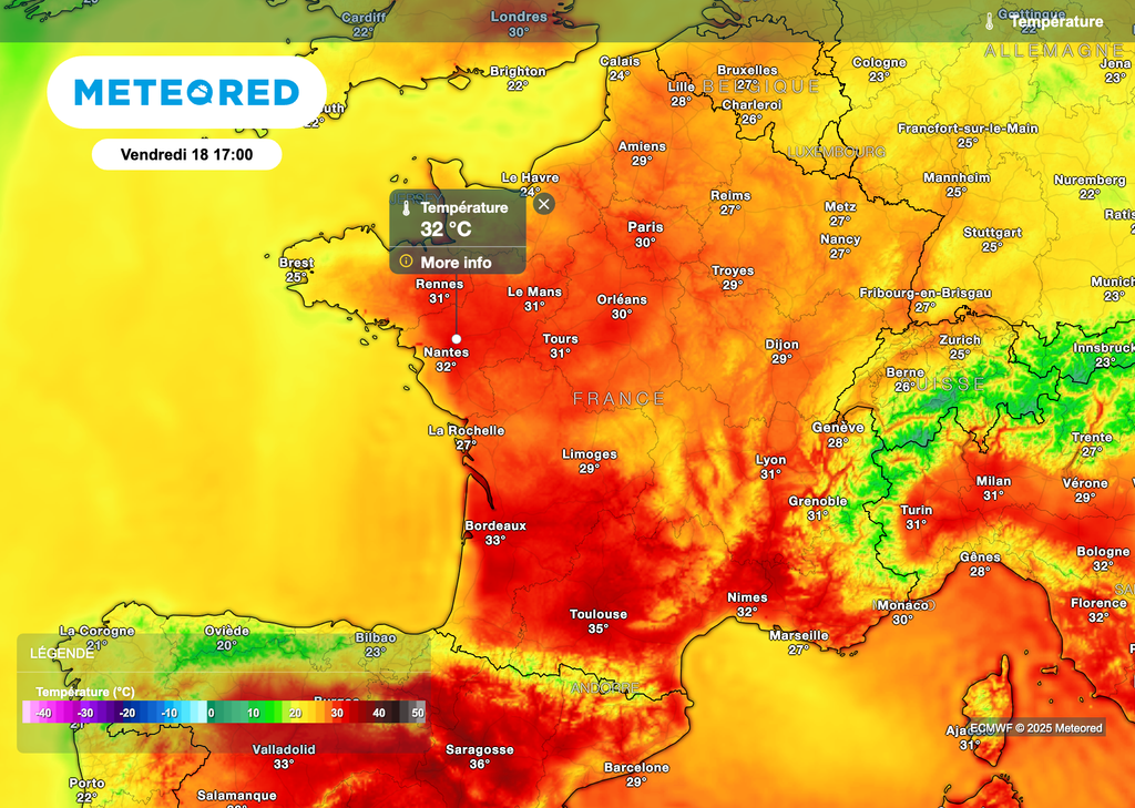 Des pointes à plus de 35 degrés vendredi après-midi dans le sud-ouest de la France. Des pointes à plus de 35 degrés vendredi après-midi dans le sud-ouest de la France.