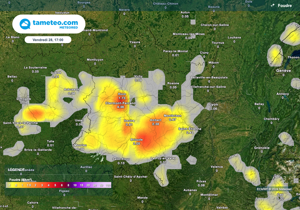 Orages parfois forts en Auvergne vendredi après-midi.