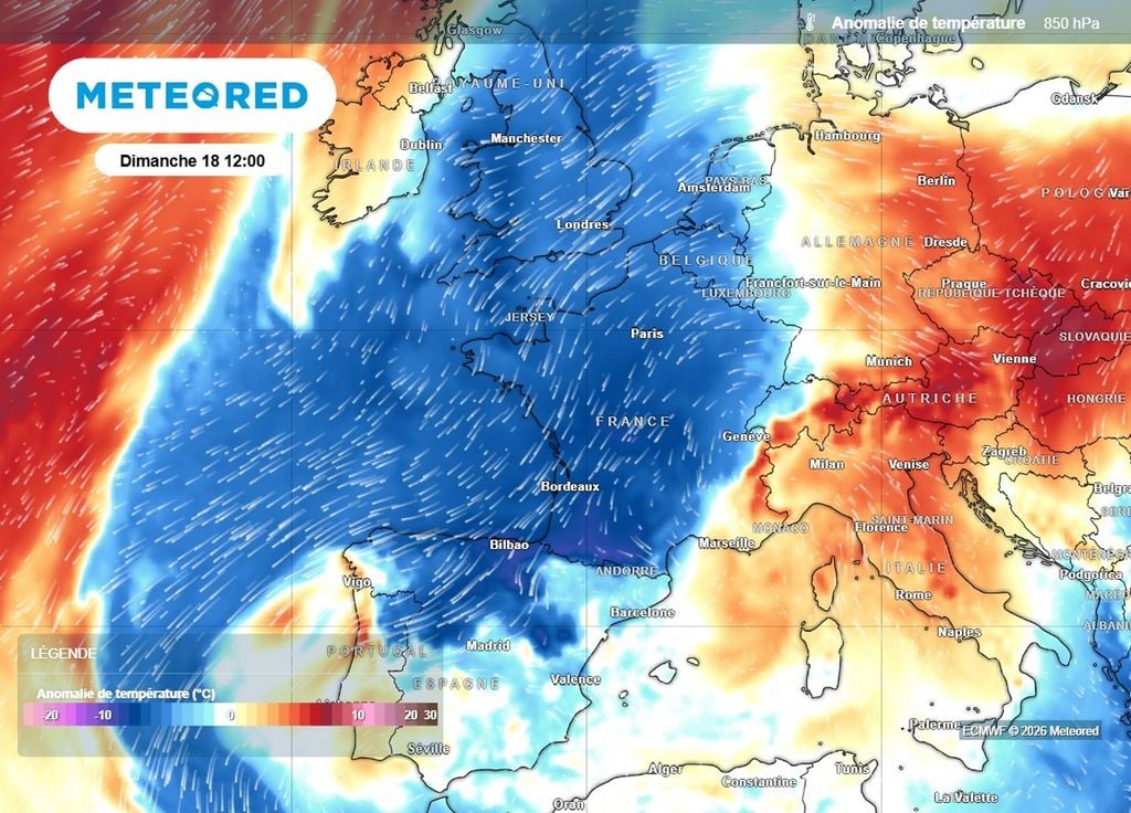 Fraîcheur De l'air bien plus frais s'écoule par la mer du Nord sur l'ouest de l'Europe et la France ce week-end