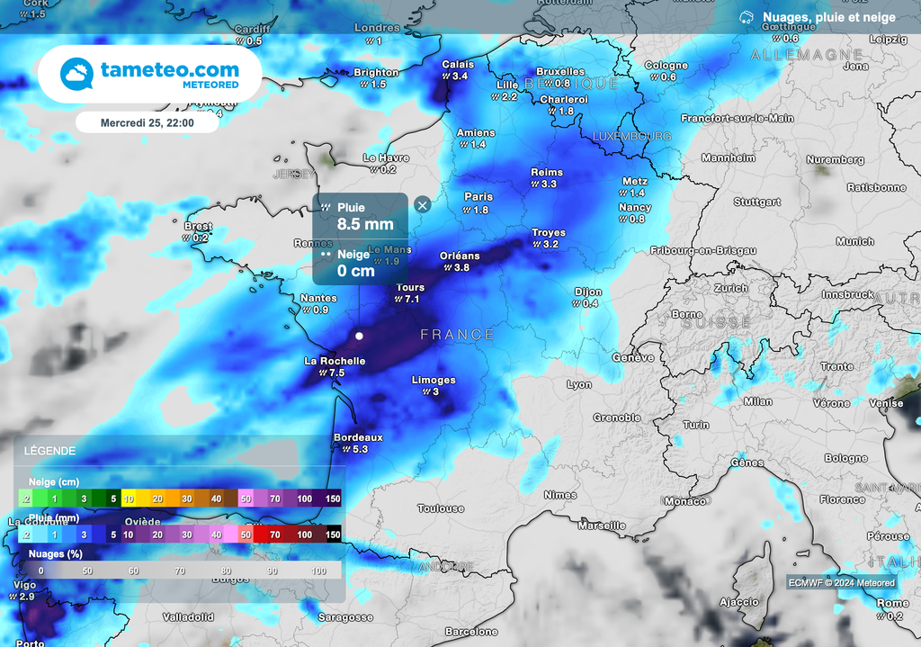 De fortes pluies entre le sud-ouest et le nord-est mercredi soir. De fortes pluies entre le sud-ouest et le nord-est mercredi soir.