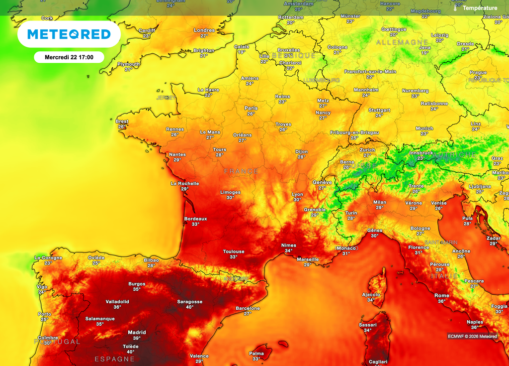 Chaleur en journée, parfois forte à très forte sur la moitié sud. Chaleur en journée, parfois forte à très forte sur la moitié sud.