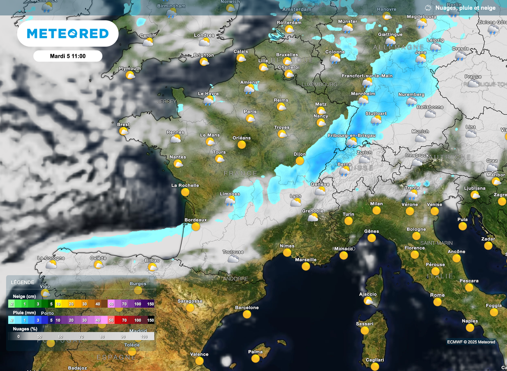 Passage d'un peu de pluie mardi sur la France. Retour de belles éclaircies à l'arrière. Passage d'un peu de pluie mardi sur la France. Retour de belles éclaircies à l'arrière.